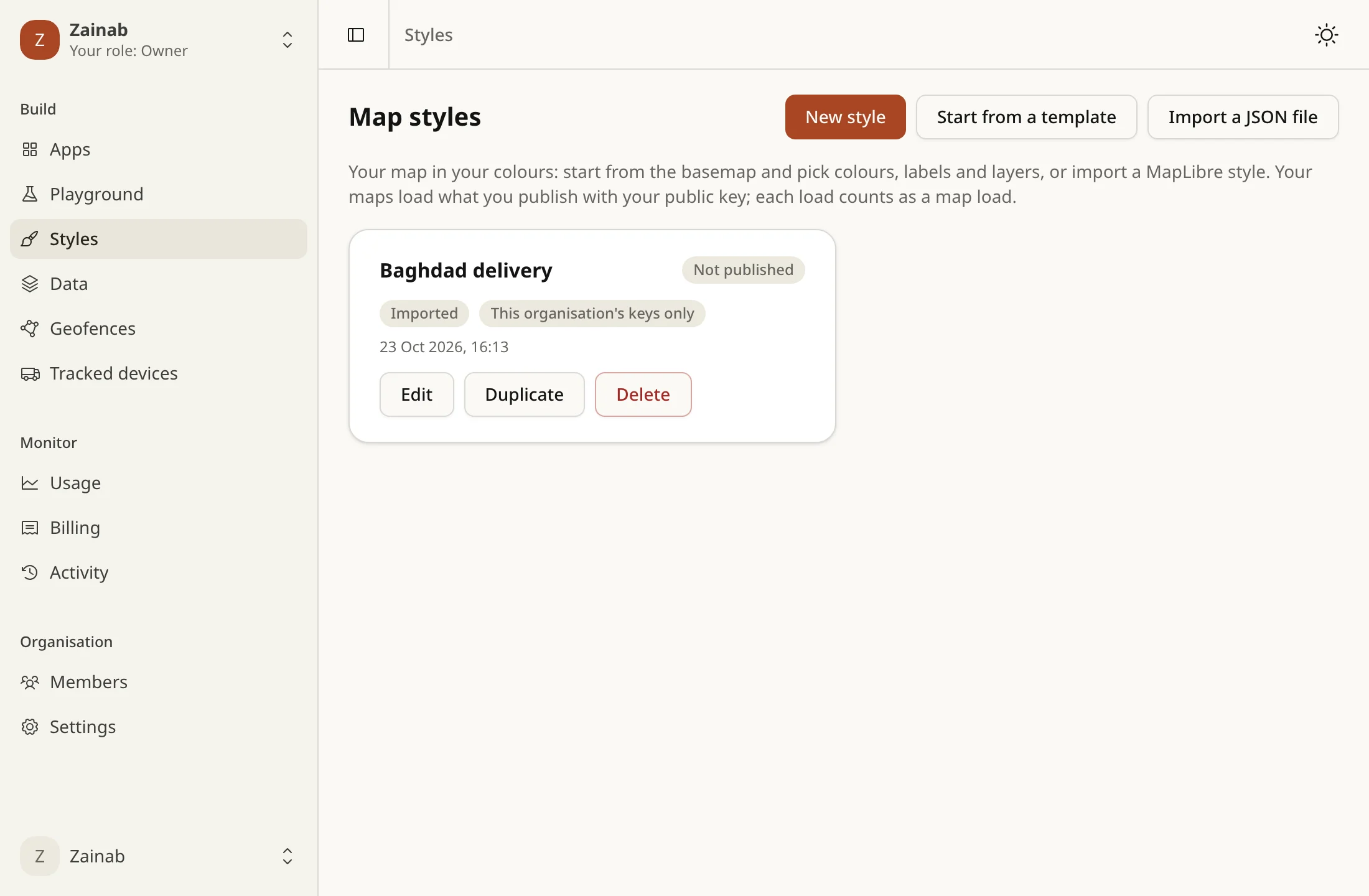 The console's styles list, where custom styles are made and published