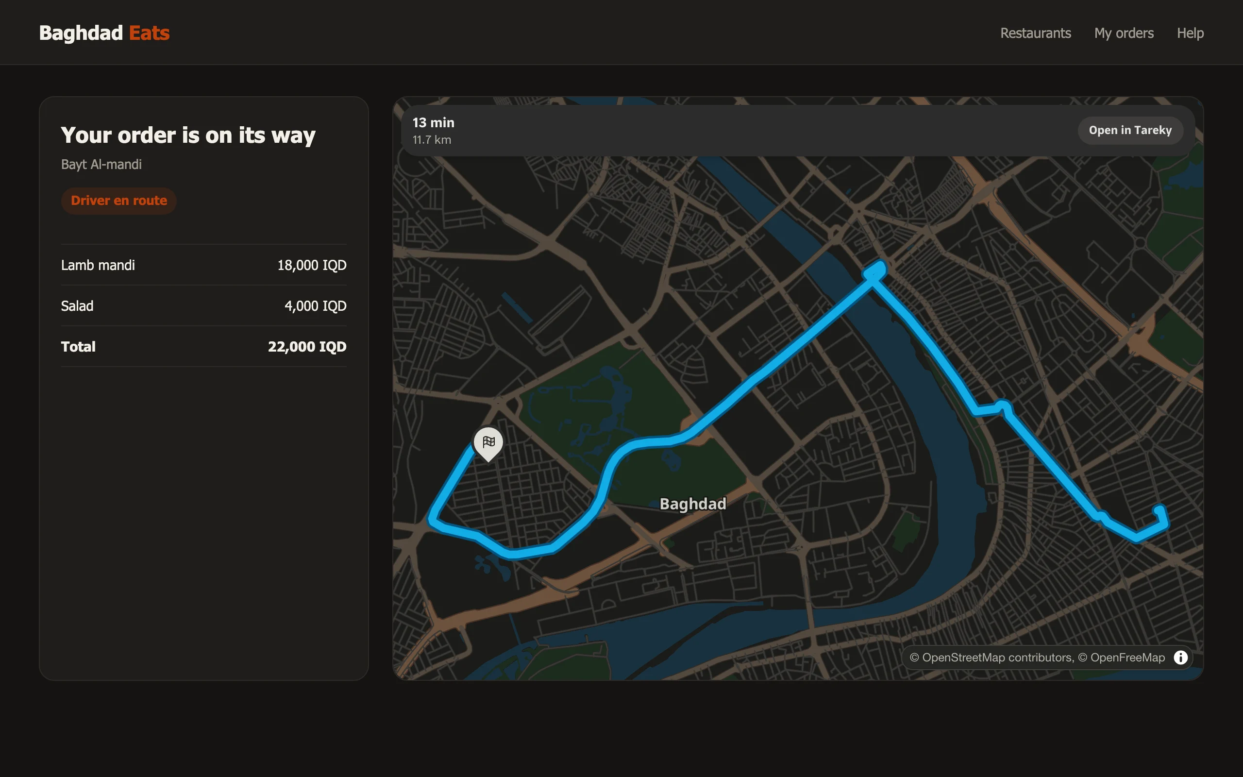A partner checkout page with an embedded Tareky map showing the delivery route