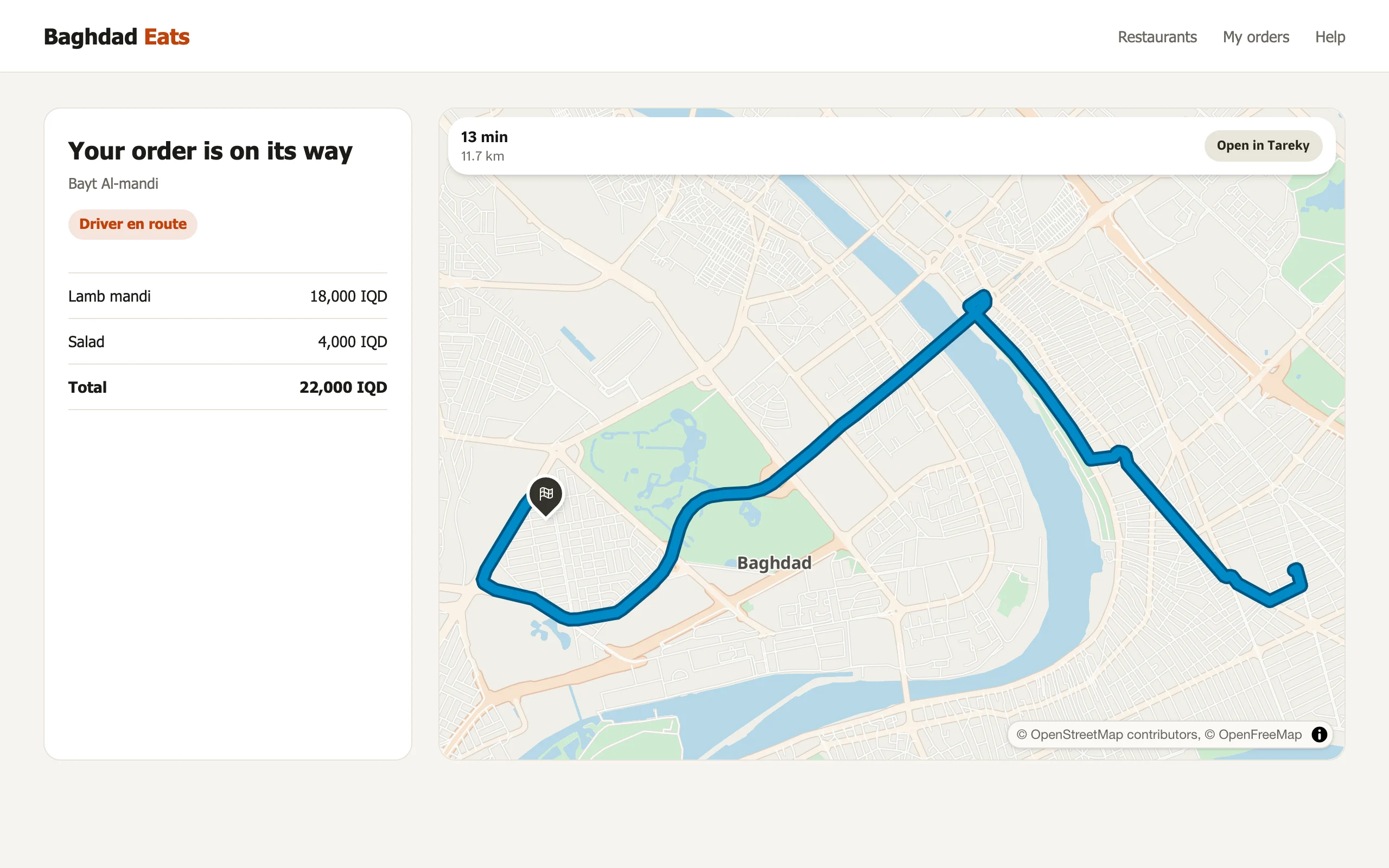 A partner checkout page with an embedded Tareky map showing the delivery route
