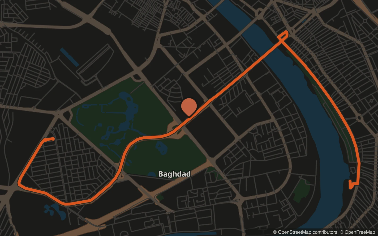 A static map image with a drive from Karrada to Mansour drawn as a line