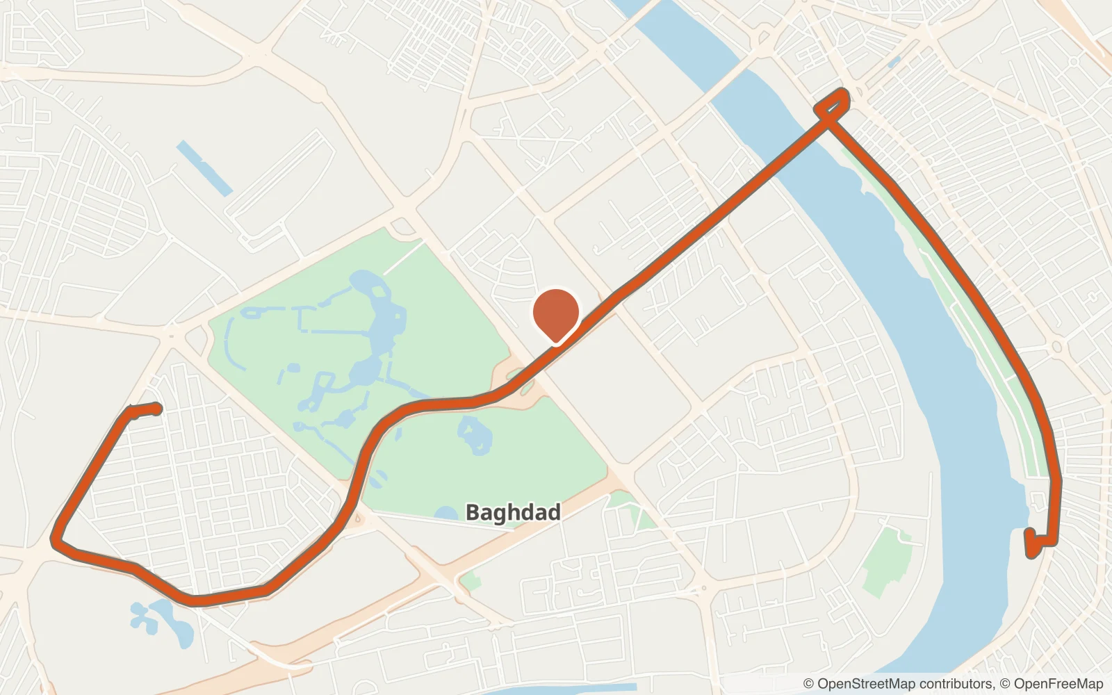 A static map image with a drive from Karrada to Mansour drawn as a line